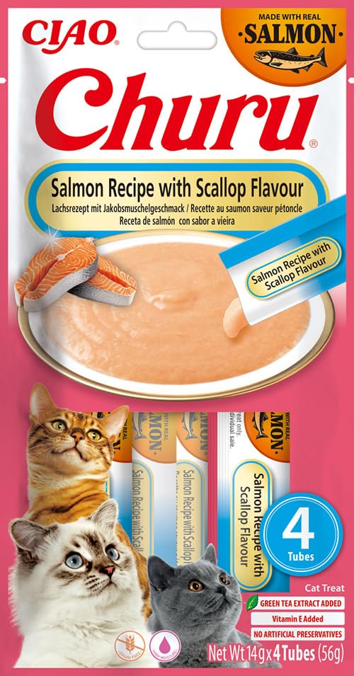 Churu Sticks by INABA Cat Treat, Salmon with Scallop, 12 Pack (48 x 14g) / Soft & Creamy Cat Treat, Delicious & Healthy Snack