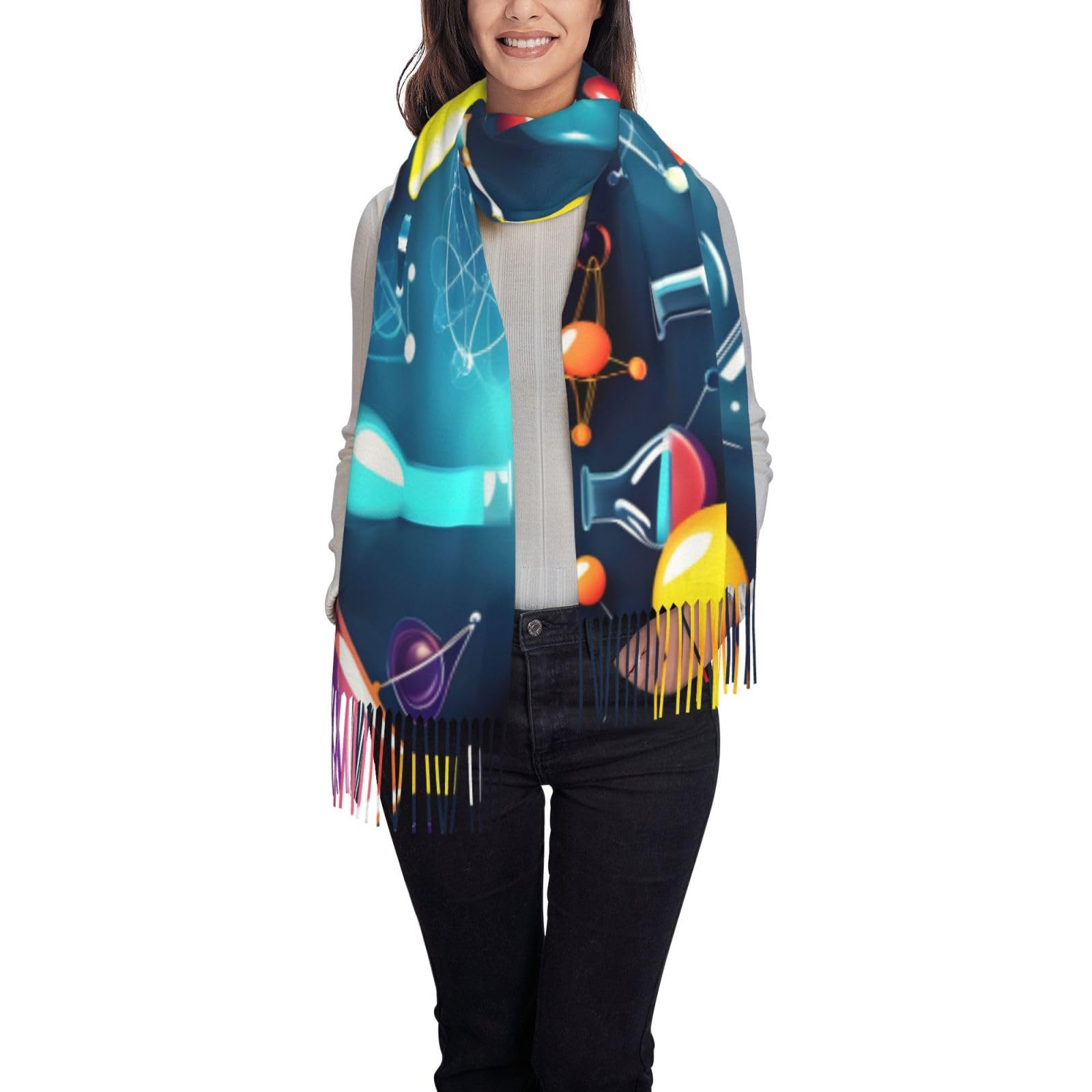 Flghjnbjn Women's Black Abstract Science Chemistry Print Winter Scarf For Shawl Cashmere Feel Tassel Plaid Large Oversized Scarves Wraps