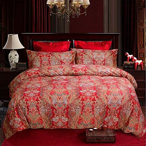 Softta Boho Luxury Bohemian Retro Boho Bedding King 3 Pcs 100% Egyptian Cotton Paisley Damask Pattern Duvet Covers red and Gold 1000 Thread Count Super Soft Cover