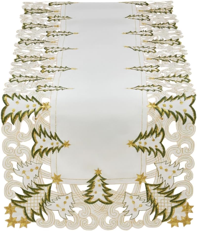 SHANGRLA Christmas Table Runner 90 Inches Long – Red Lace Tablerunner with Embroidered Xmas Tree, Gold Stars & Cutwork Design – Holiday Table Decor for Dining Room, Coffee Table Centerpiece