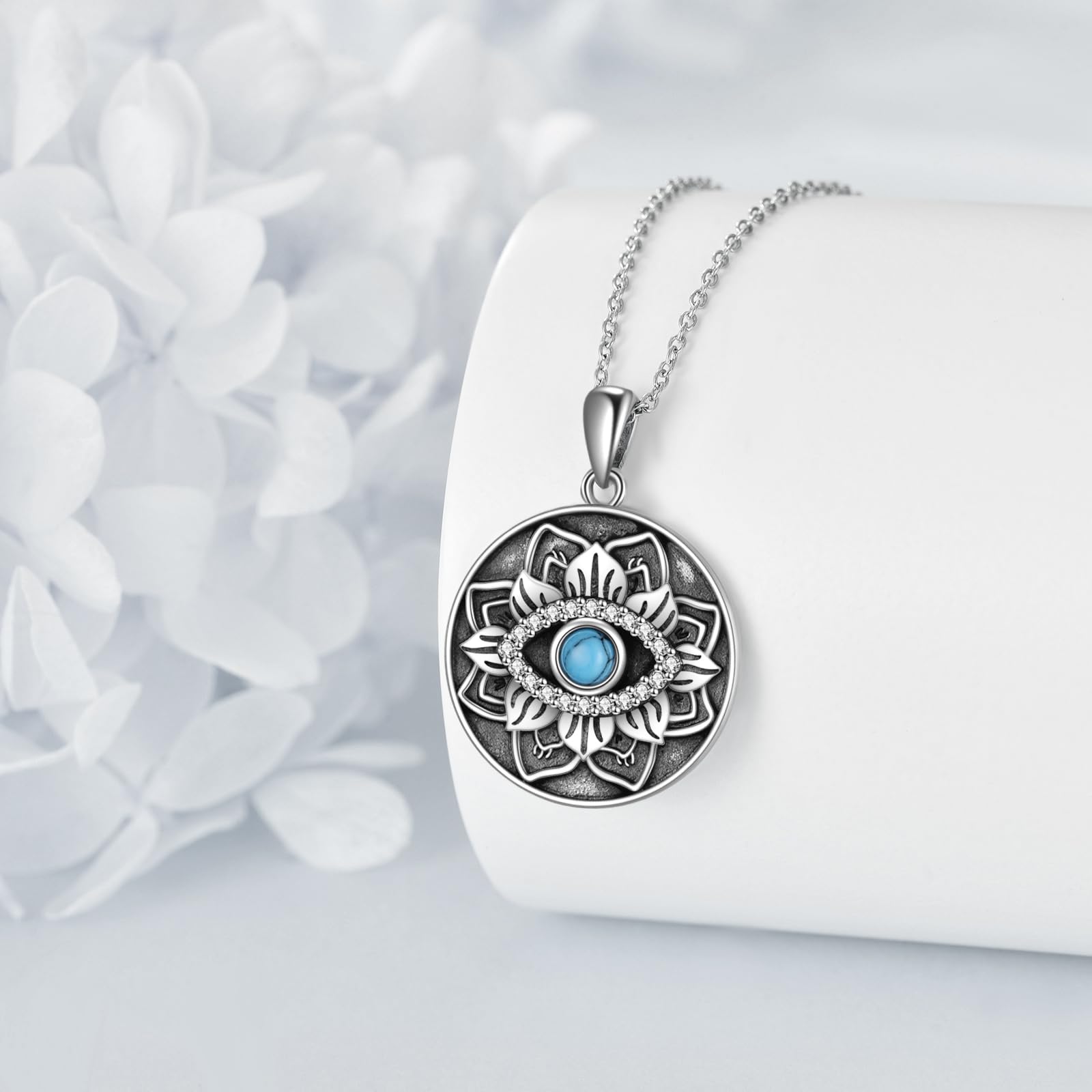 VONALA Collar de ojo turco de loto de plata de ley 925 con colgante de flor de loto, joyería griega de mal de ojo para mujeres y niñas, Plata esterlina, Turquesa