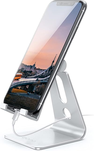 Amazon Brand - Eono Phone Stand, Adjustable Cellphone Holder Universal Mobile Dock for Desk, Compatible with iPhone 14 Pro max plus 13 mini 12 11 Xs XR X 8 7, Galaxy Note, other Smart Phones - Silver