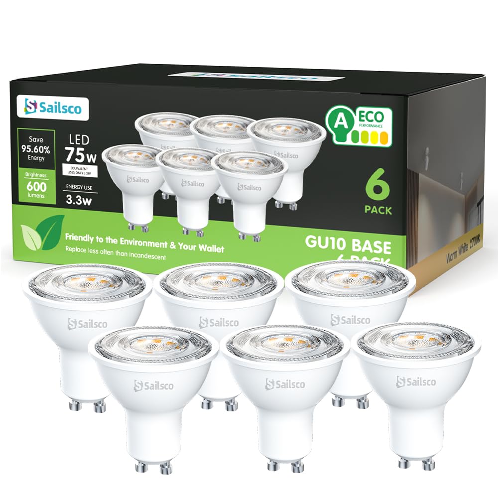 Sailsco Classe A Lampadine GU10 LED Spot,3.3W (Equivalenti a 75W),600 Lumen,2700K Bianco Caldo,Risparmio Energetico LED GU10,Lunga Durata,Basso Consumo,36° Angolo del Fascio,Non Dimmerabile,6 Pezzi