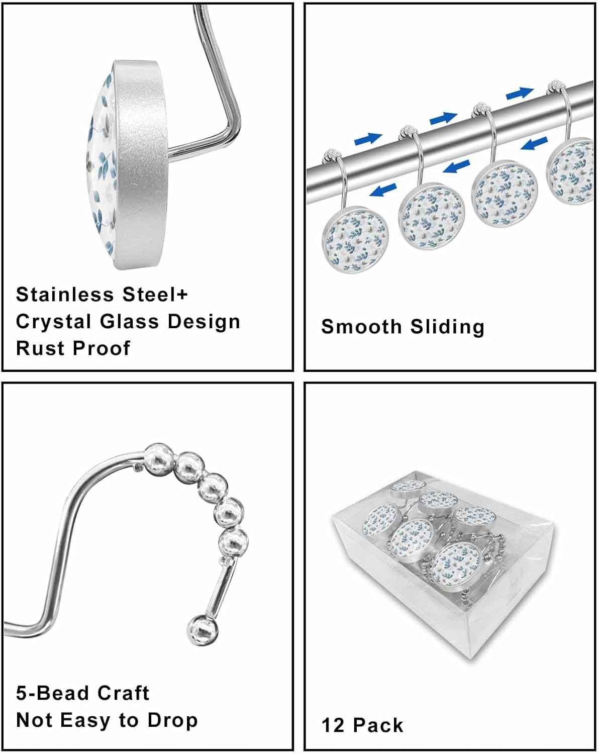Shower Curtain Hooks 12 Pcs Blue Gray Eucalyptus Leaves White Background Stainless Steel Rust Proof Rolling Shower Curtain Rings, Decorative Shower Curtain Hooks Hangers for Bathroom
