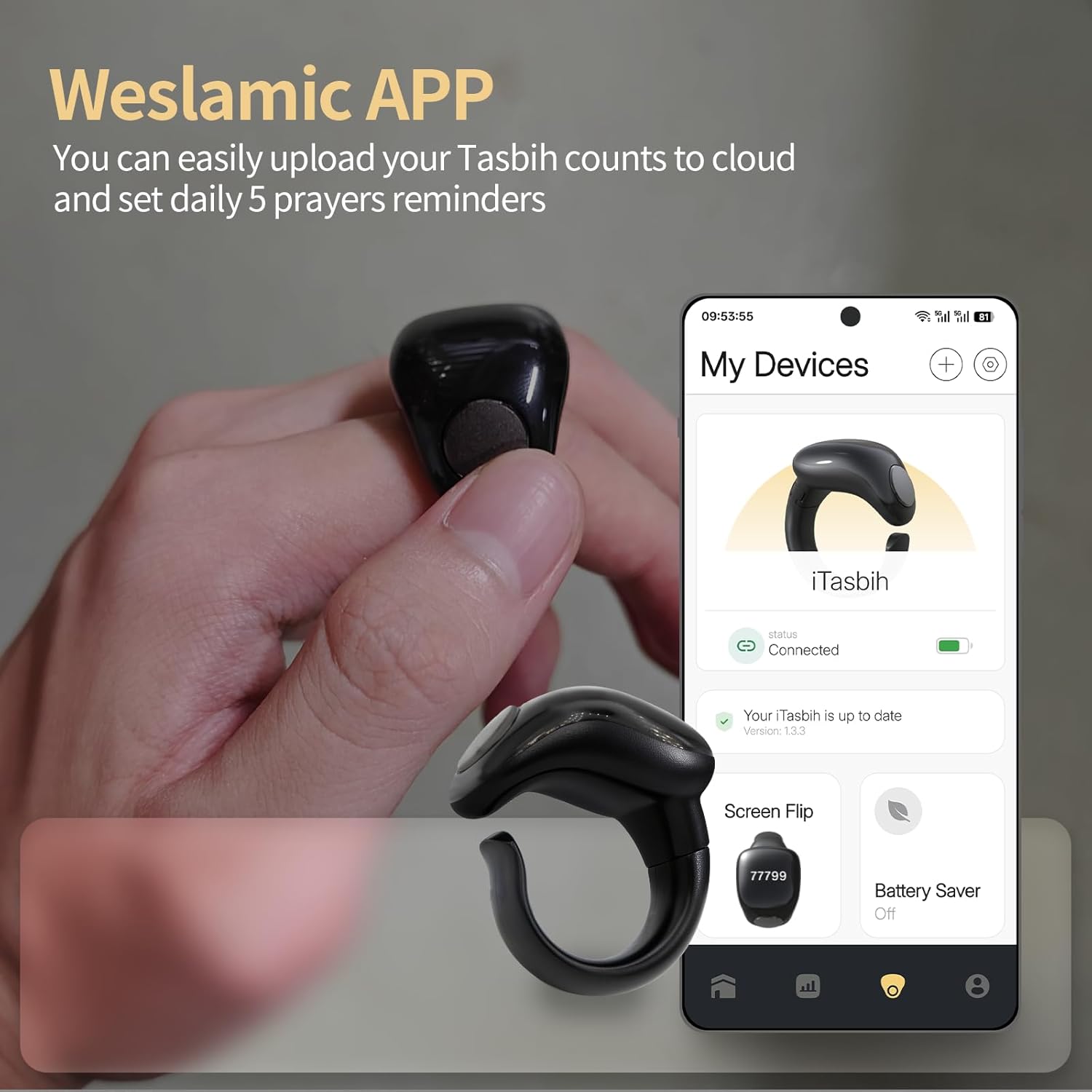 Zikr Smart Ring,Adjustable Ring Finger Counter, Tasbeeh Counters, Prayer Direction Indicator Guide,5 Azan Alarm Clock, APP Support Eid al-Fitr Eid al-Adha Ramadan Gift for Muslims (Black)