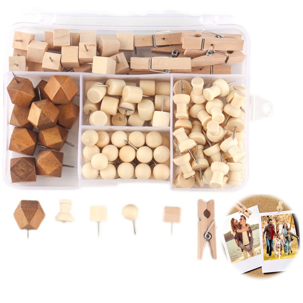 Azonee Decorative Wood Push Pins, Thumb Tacks for Cork Board, Cute Wooden Pins for Wall and Bulletin Board, Map Pins, 128Pcs