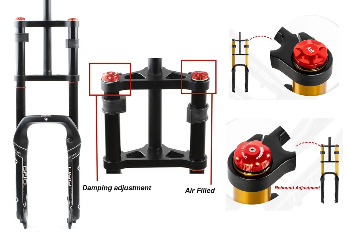 Widelec przedni do roweru śnieżnego z kołami 20", z regulacją odbicia, zawieszenie pneumatyczne, widelec Fatbike MTB, opony 4,0", rura prosta 28,6 mm, skok sprężyny 140 mm, 9 x 135 QR XC AM