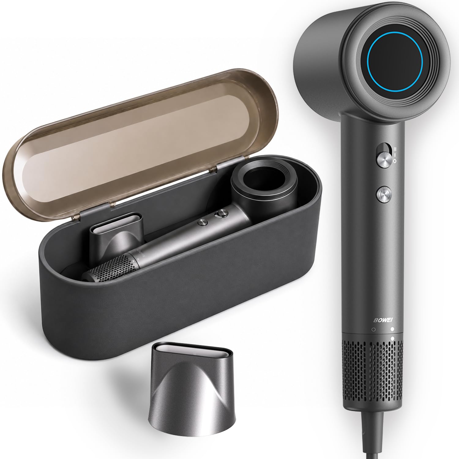 Hochgeschwindigkeits Föhn mit Premium PU Hartschalenbox, Schnelles Trocknen, 110.000 U/min Ionen Haartrockner, 59dB Leise, 200 Mio. Negativ-Ionen, LCD Display, NTC Temperaturregelung