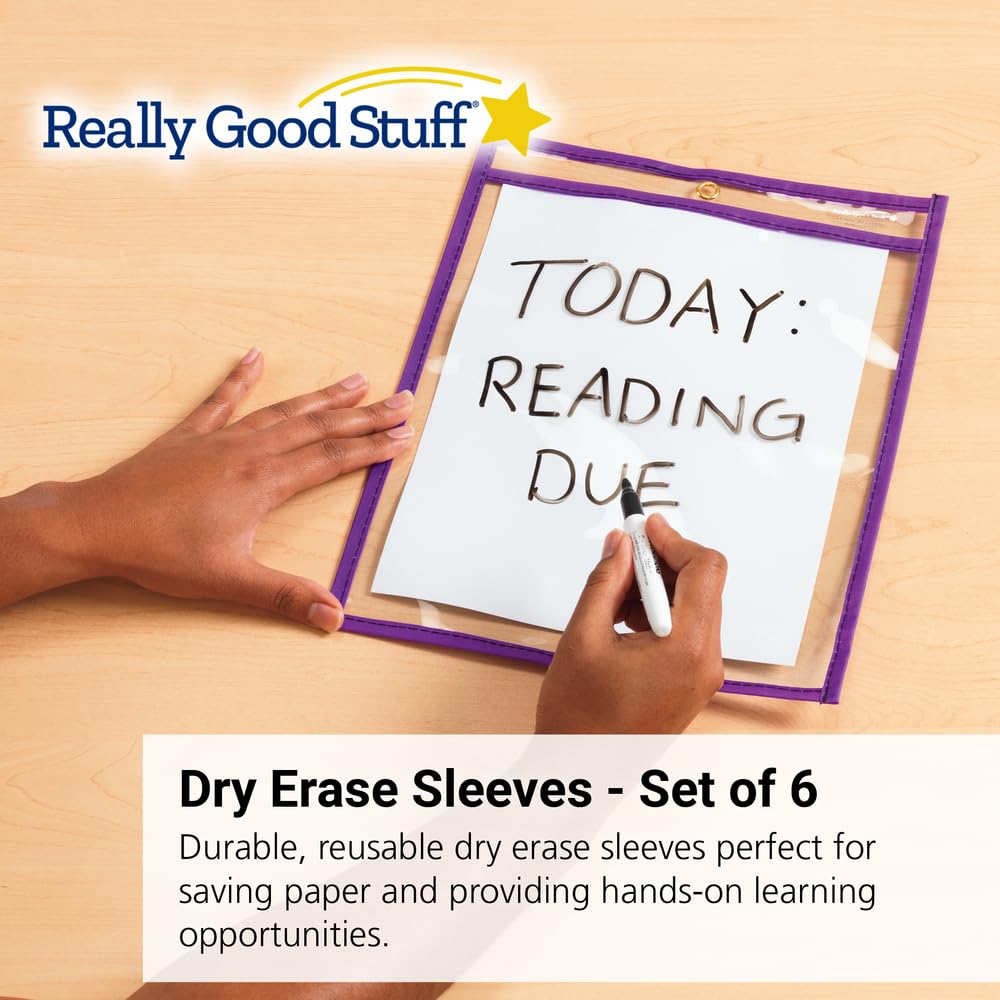 Really Good Stuff Top-Loading Dry Erase Sleeves - 10" x 13" - Set of 6 - Multicolor: Red, Blue, Yellow, Green, Orange, Purple