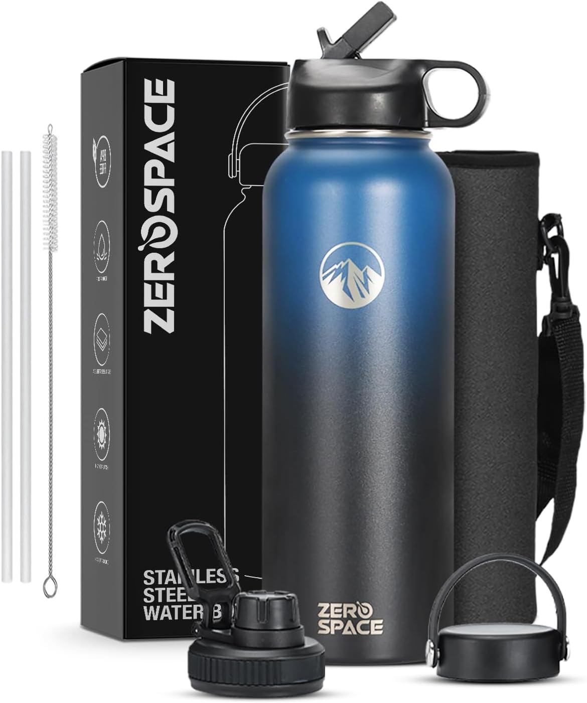 Stainless Steel Water Bottle, 1200ml Insulated Water Bottle with Straw & Brush, BPA-Free Double Wall Vacuum Thermos Flask for Hot & Cold Drinks, Gym, Travel, Office (Blue/Black)
