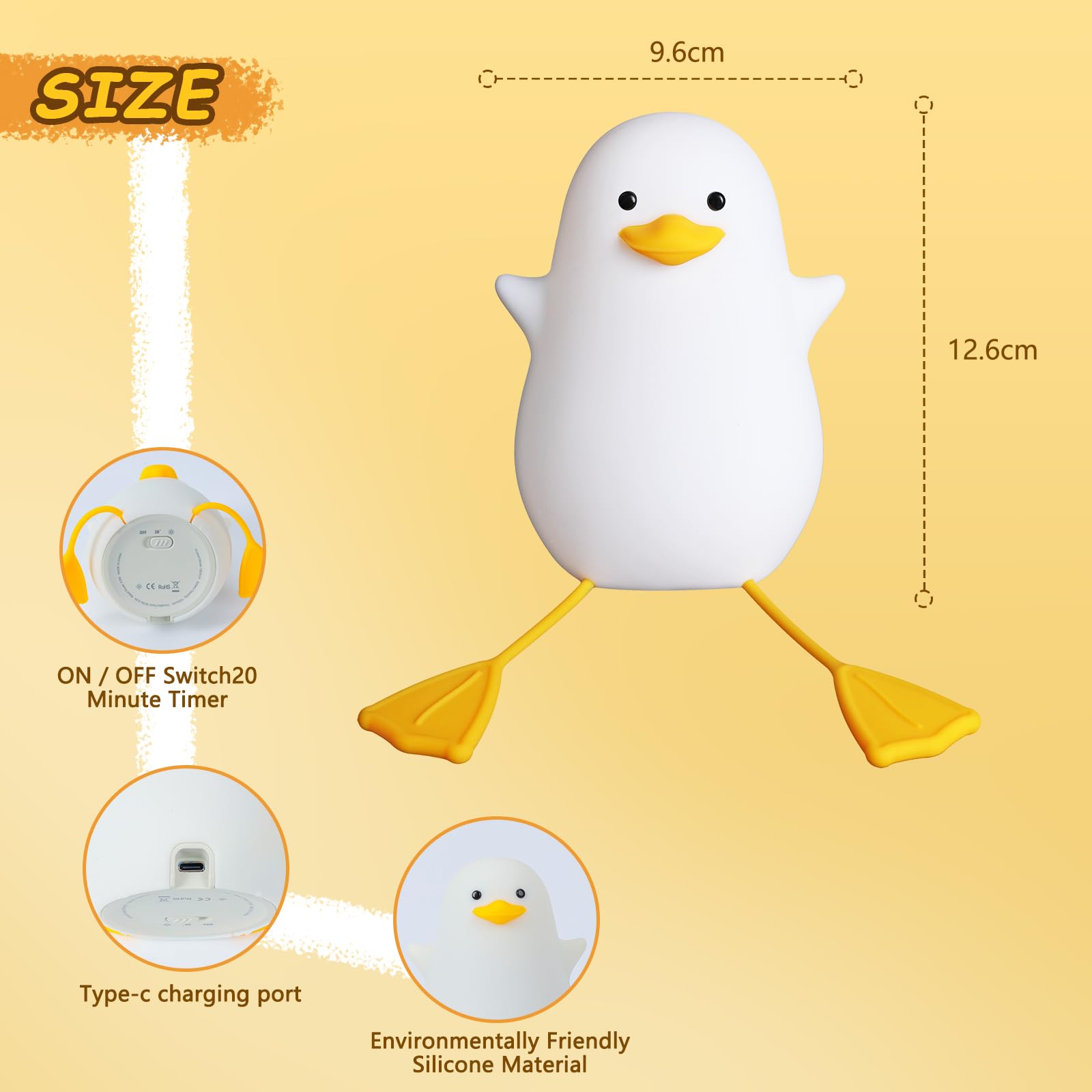 GIACOMO Luce Notturna Per Bambini, Luce Notturna Silicone Anatra, Luce Notturna LED Neonati Con Timer da 20 Minuti, Lampada da Comodino Per La Camera Dei Neonati, Ricaricabile USB, Controllo Tattile