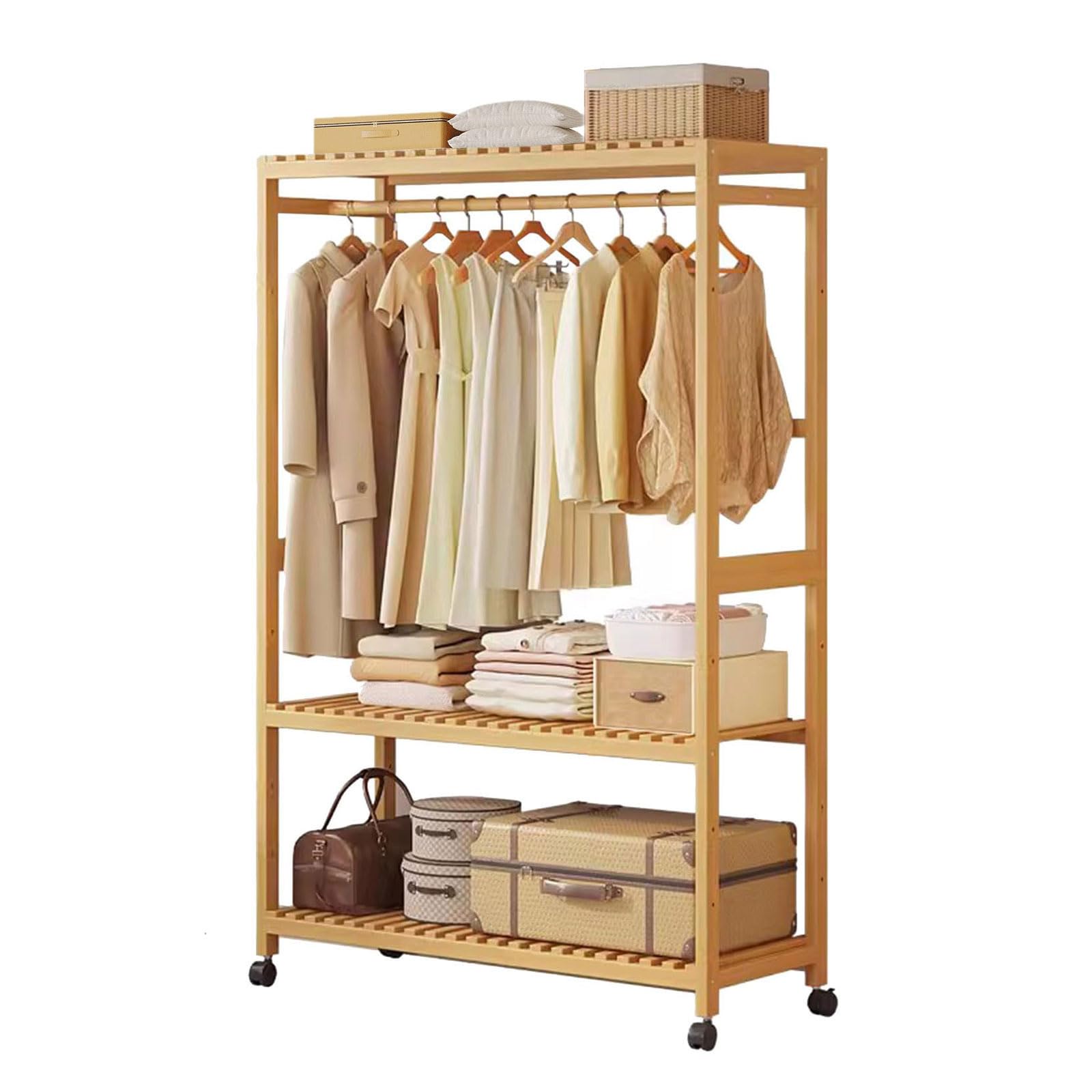 Portant à vêtements en bambou robuste meuble de rangement mobile à étagères