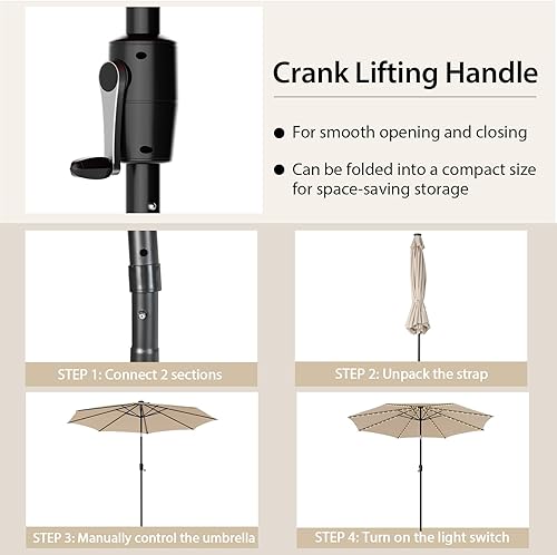 Miniatura 9 de Giantex Sombrilla de patio de 10 pies con 112 luces solares, sombrilla de mercado de mesa al aire libre con 8 varillas, ajuste de inclinación, mango
