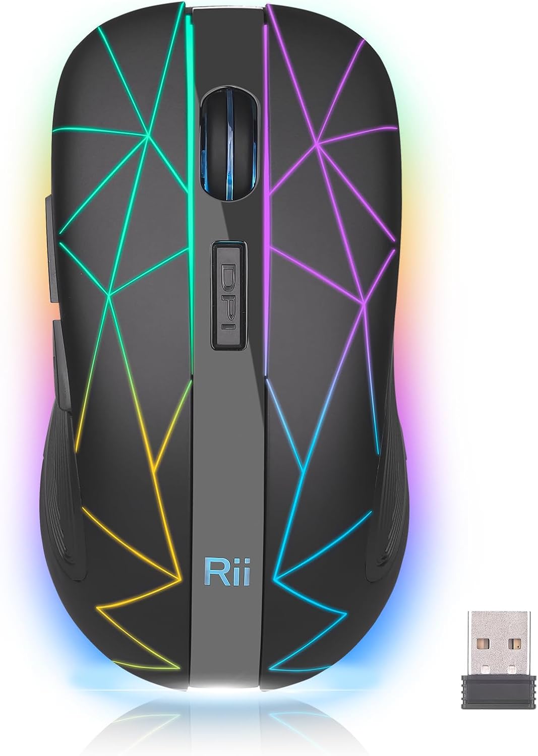 Rii RM200 2.4G Wireless Mouse with USB Nano Receiver, 5 Buttons Rechargeable Mouse,Colorful Backlit RGB Gaming Mouse for Notebook,PC,Computer-Black
