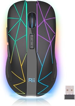 Rii RM200 2.4G Wireless Mouse with USB Nano Receiver, 5 Buttons Rechargeable Mouse,Colorful Backlit RGB Gaming Mouse for Notebook,PC,Computer-Black