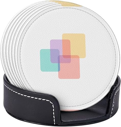 Miniatura 6 de Drink Coasters Set of 6, Squares Printed PU Leather Round Coaster with Holder for Outdoor, Office, Bar, Funny Heat-Resistant Home Desk Decor