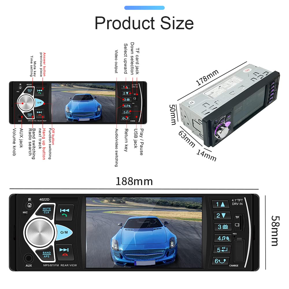 Hikity Radio Coche 1DIN Bluetooth, Pantalla Digital TFT 4.1'' | Manos Libres, Cámara Trasera, FM USB AUX TF, SWC, Estéreo, Radio Pantalla 1 Din
