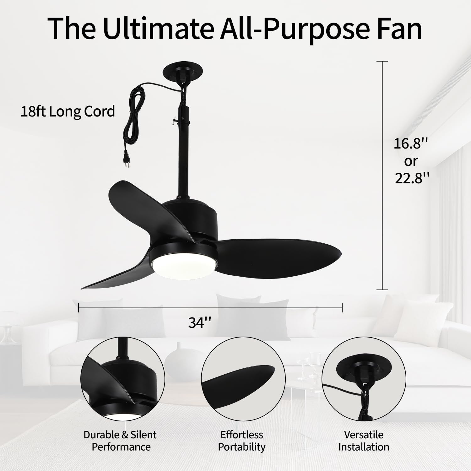 34'' Outdoor Ceiling Fan with Dimmable 3-Color LED Light, IP65 Waterproof for Patios Gazebos,Quiet DC Motor with 6 Speeds and Reversible Function, Remote Control for Patios, Industrial Style