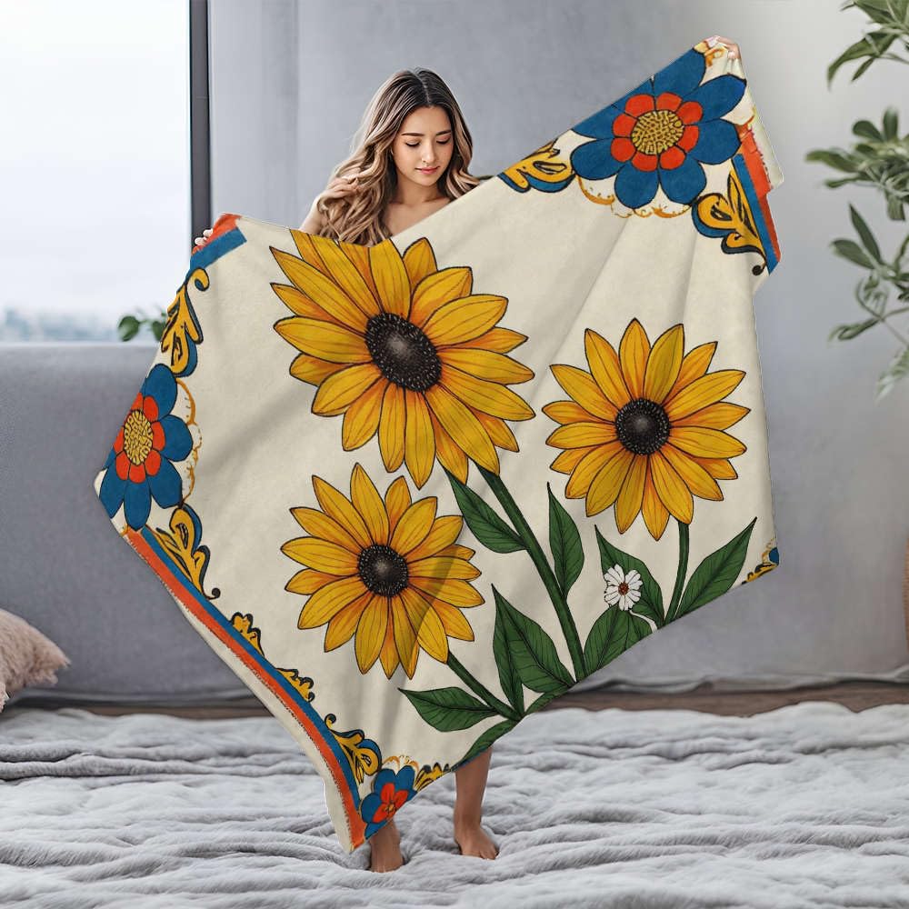 Couverture en flanelle motif tournesols colorés pour lit king size 150x200cm