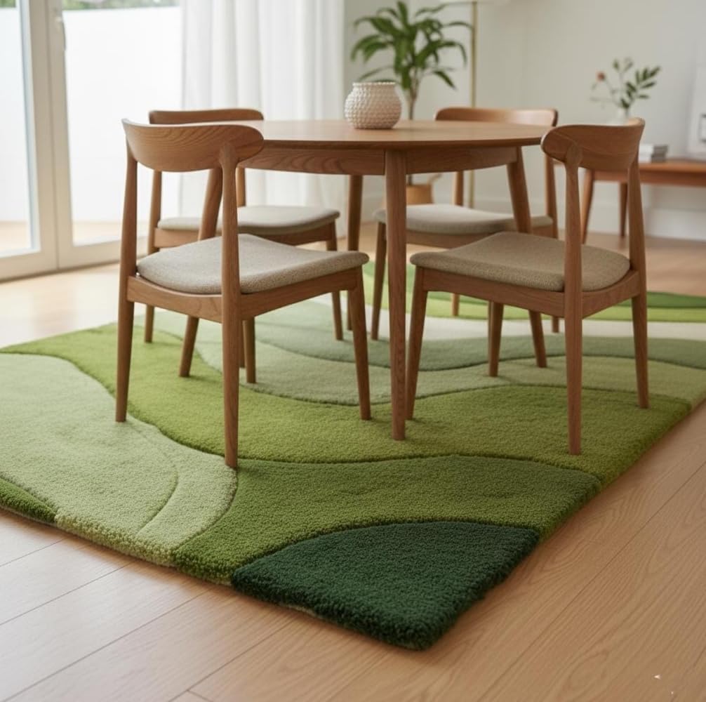 Green Abstract Wave Area Rug, Tufted, Multi-Shade Living Room and Dining Room Carpet (8' x 10' Feet)