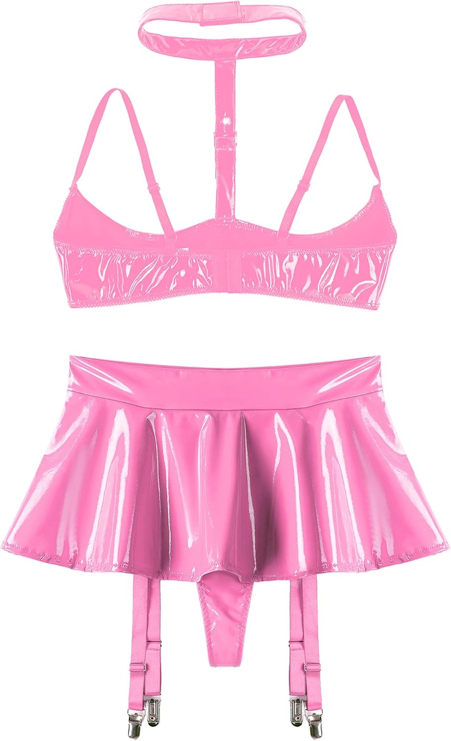 Women's 2Pcs Shiny Liquid Bra Crop Tops Built-in Briefs 4 Adjustable Garter Belt Mini Skirts
