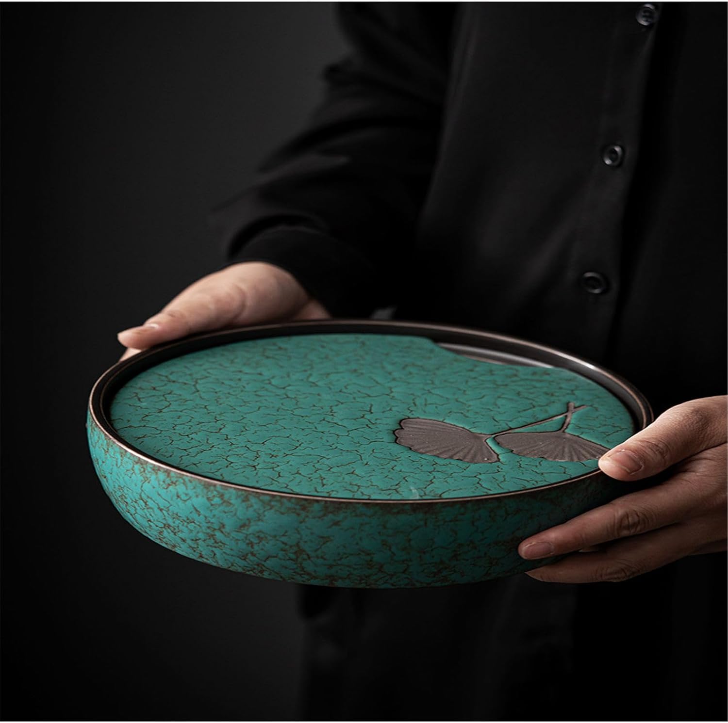 Ceramic Tea Tray, Home Use, Round Gongfu Tea Set, Small Tea Table Style Dry Brewing Tray, Tea Tray, Retro Tea Sea-Color1