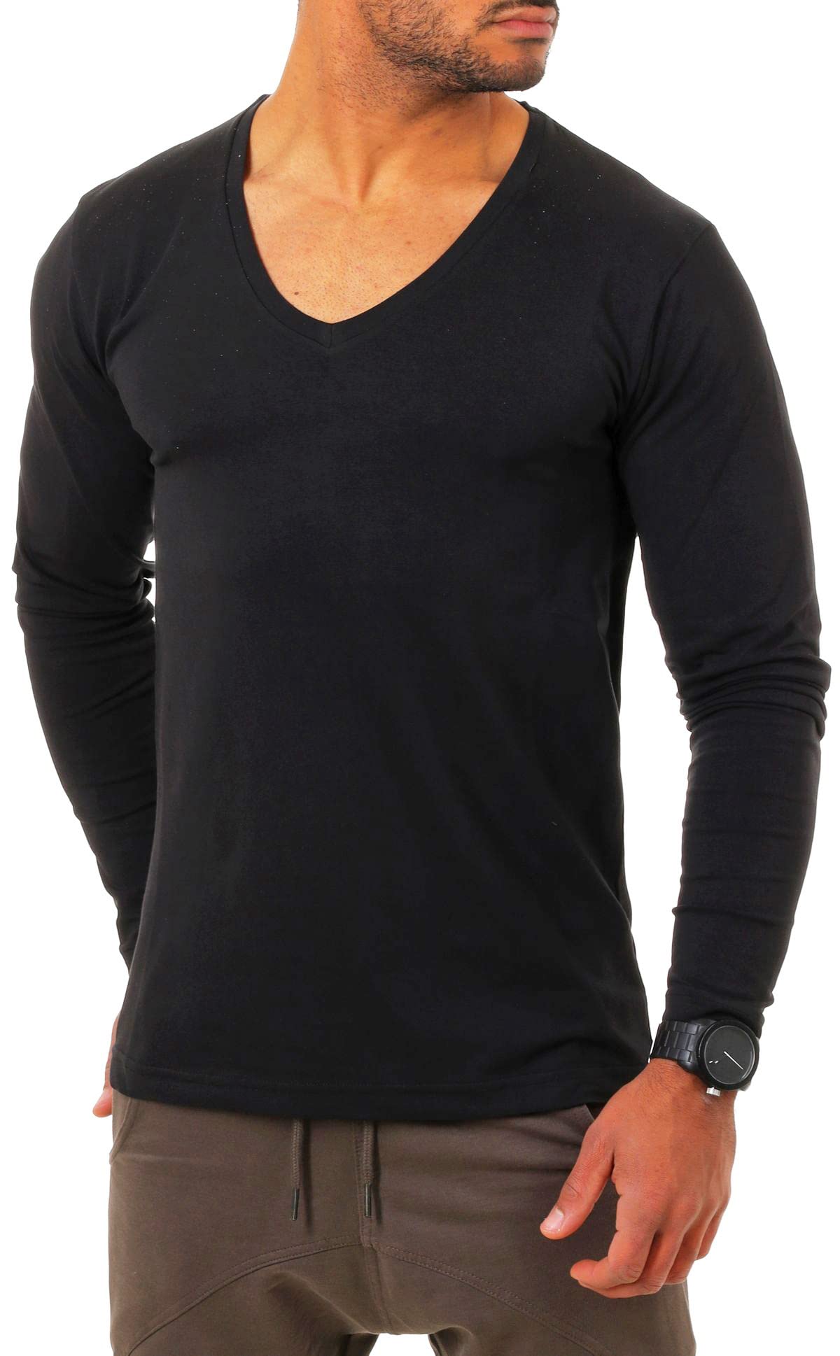 Young & Rich Herren Langarm Shirt mit tiefem V-Ausschnitt deep v-Neck Longsleeve Slim fit Stretch 2239