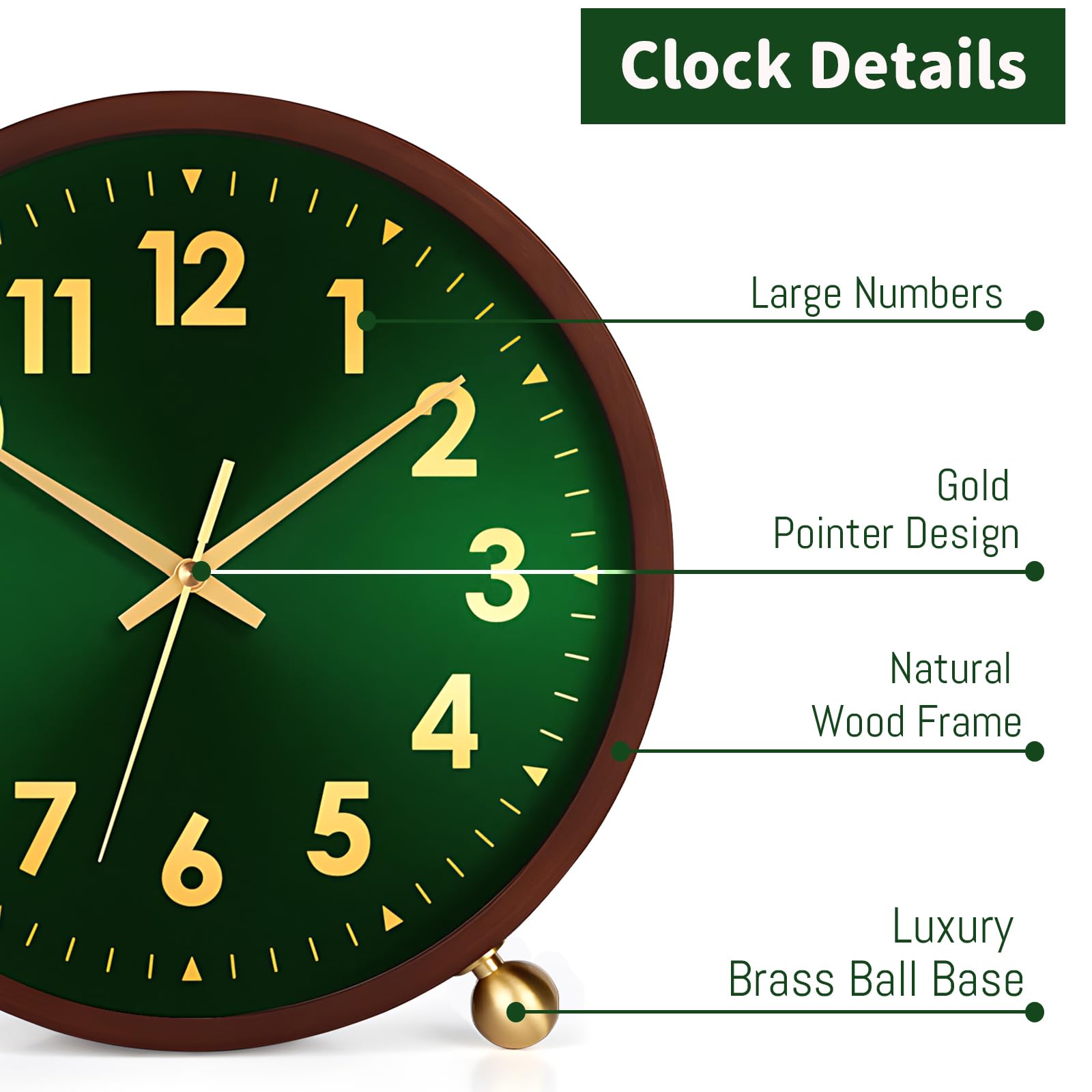 Maxspace Tischuhr aus Holz, 20,3 cm, leise, nicht tickende Schreibtischuhr mit goldfarbenem Kugelsockel, batteriebetriebene analoge Desktop-Uhr für Wohnzimmer, Büro, Schlafzimmer, Dekor (Grün-Gold