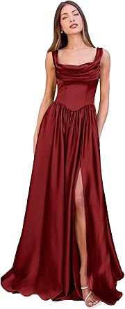 Satin Prom Dresses for Women Long 2026 Cowl Neck Puffy Formal Dress A-Line Evening Ball Party Gowns with Slit