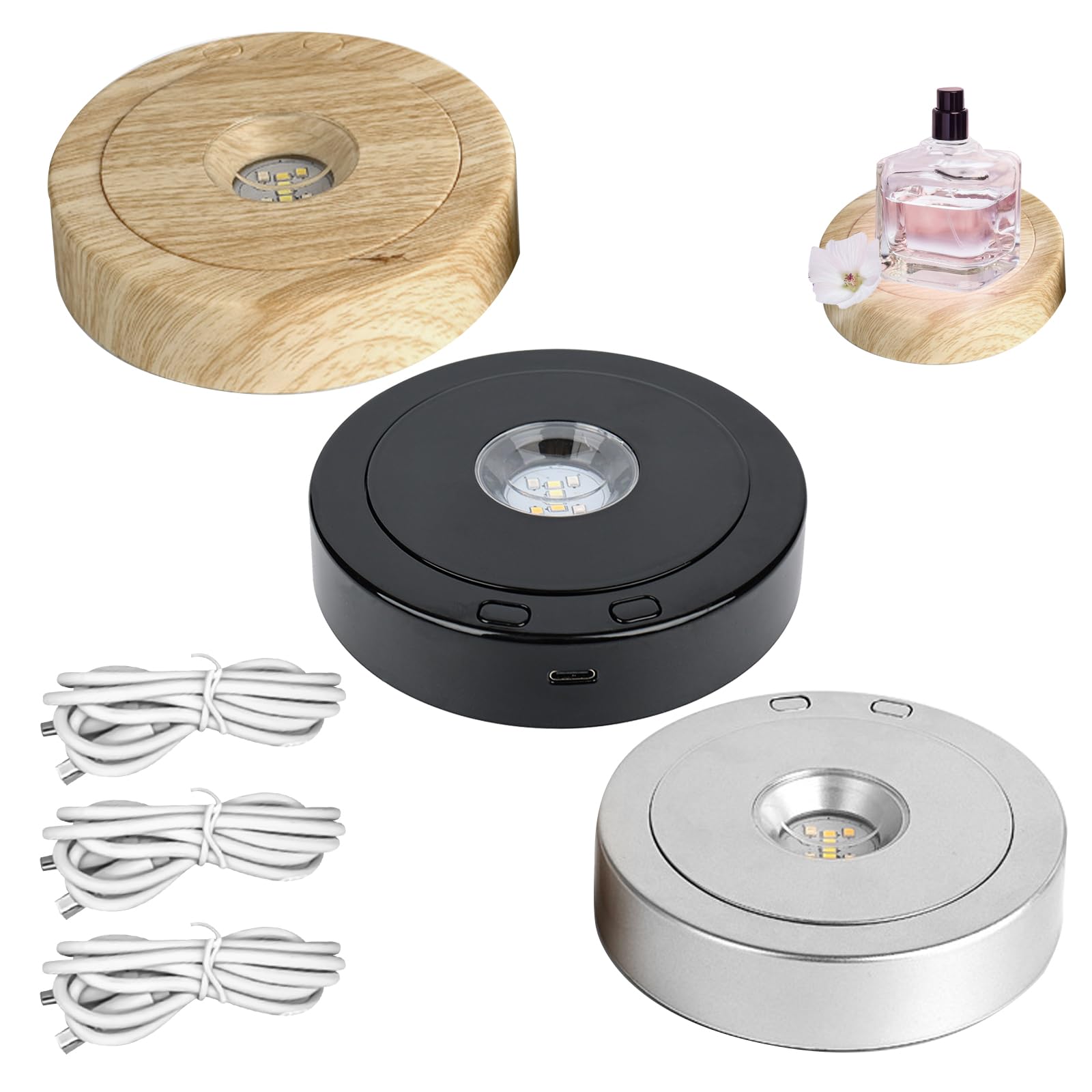 Base de luz LED giratoria redonda, pedestal de pantalla LED de 4.53 pulgadas, tipo C y carga de batería, 8 modos de luz, base de luz multicolor giratoria para manualidades de cristal