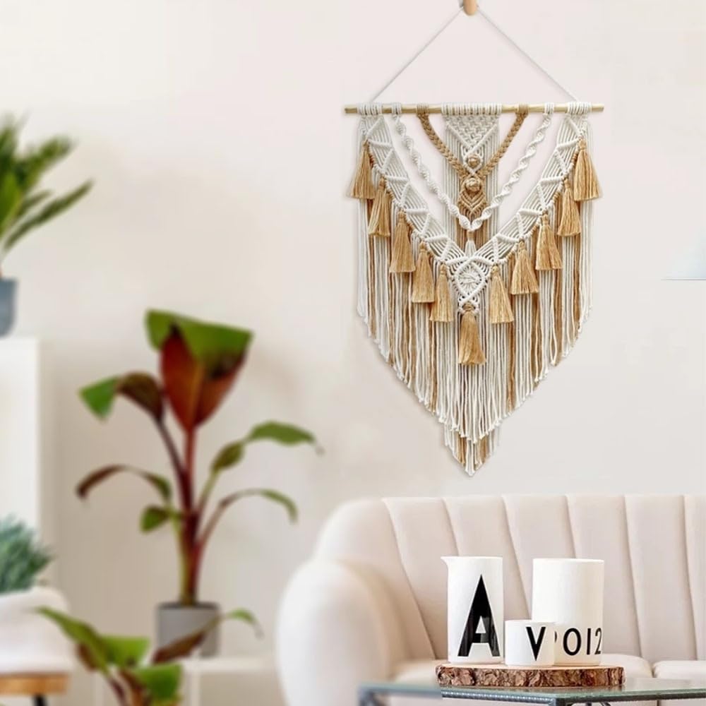 HARWAVE Boho Macrame Wall Hanging & Wall Decor, Cotton Handmade Tapestry with Tassel, Woven Macrame Wall Art for Decorating Bedroom Living Room Apartment Nursery (Brown)