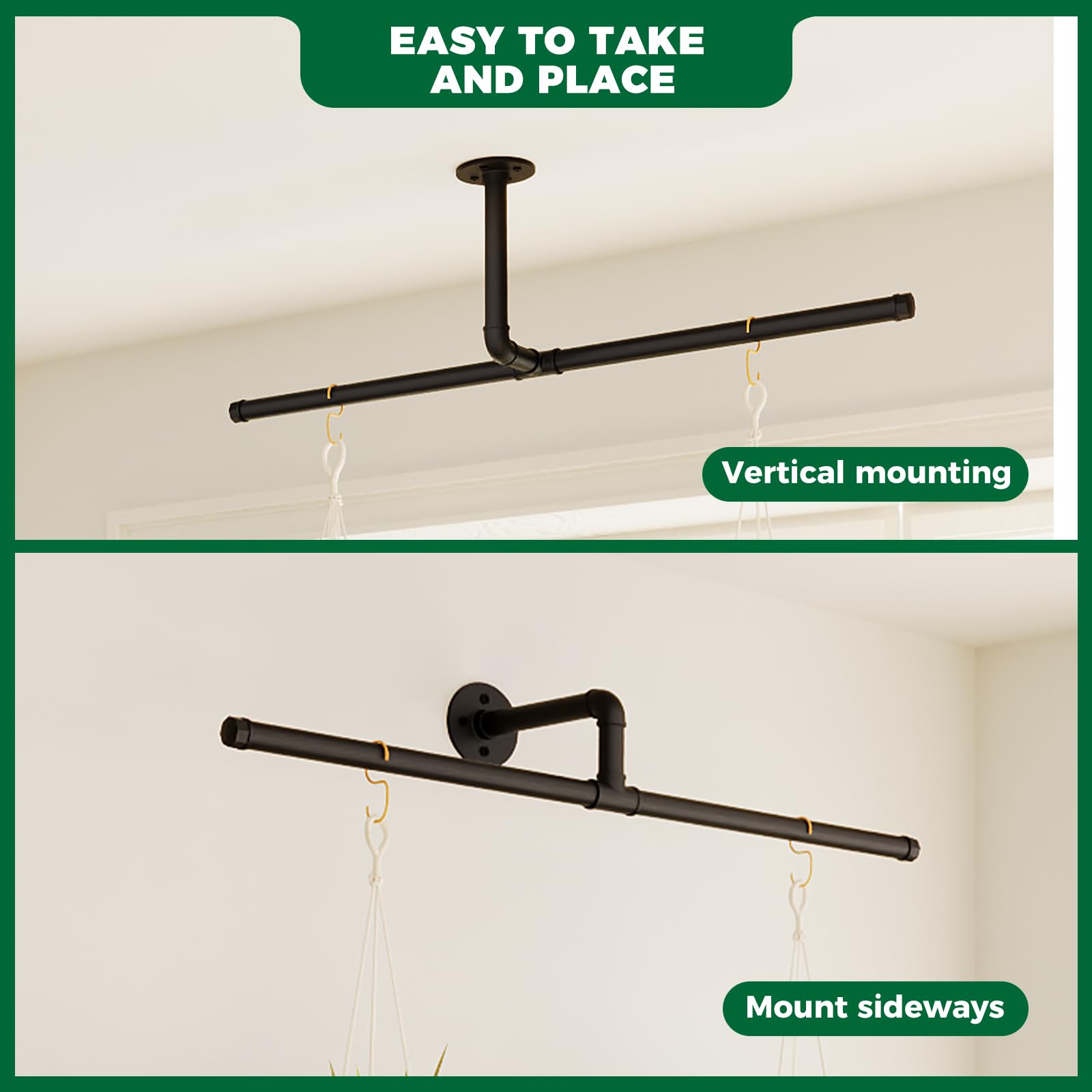 Bamworld Hanging Planters for Indoor Plants T-Shaped Hanging Plant Holder Plant Hanger Indoor Window Plant Shelves Ceiling Wall Mount Black Rod for Garden Wall Decor (Pot&Plant Not Included) - Image 4