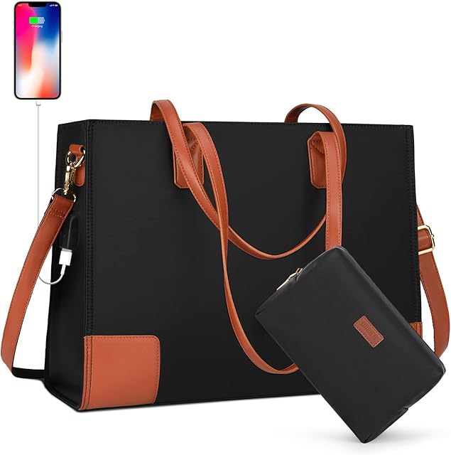 NUBILY Laptop Bags for Women Designer Handbag Laptop Bag 15.6 Inch Large Work Bag Waterproof Tote Bag USB, Shoulder Bag Black and Cosmetic Bag 2PCS Set