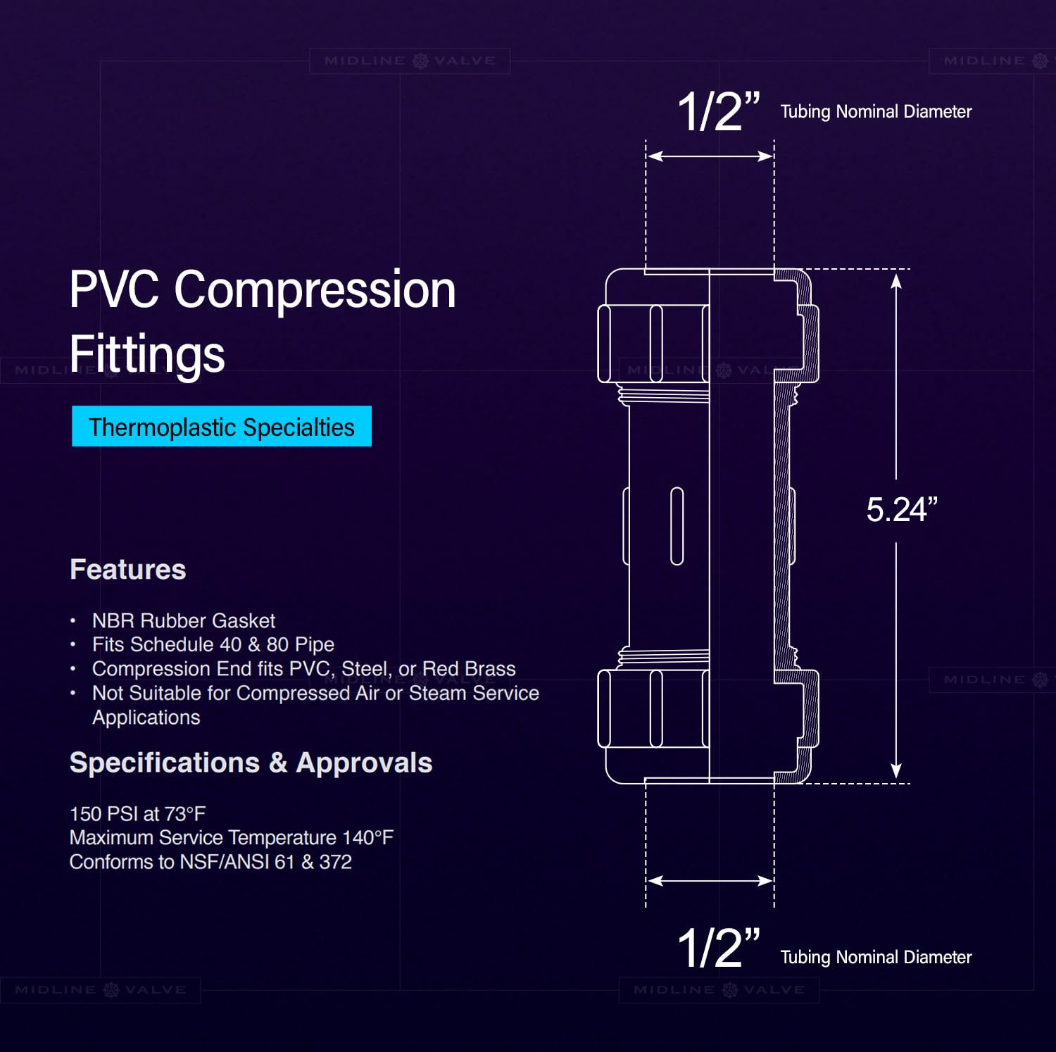 Midline Valve Acoplamiento de tubería de compresión de PVC 1/2 '' plástico blanco (582DD012)