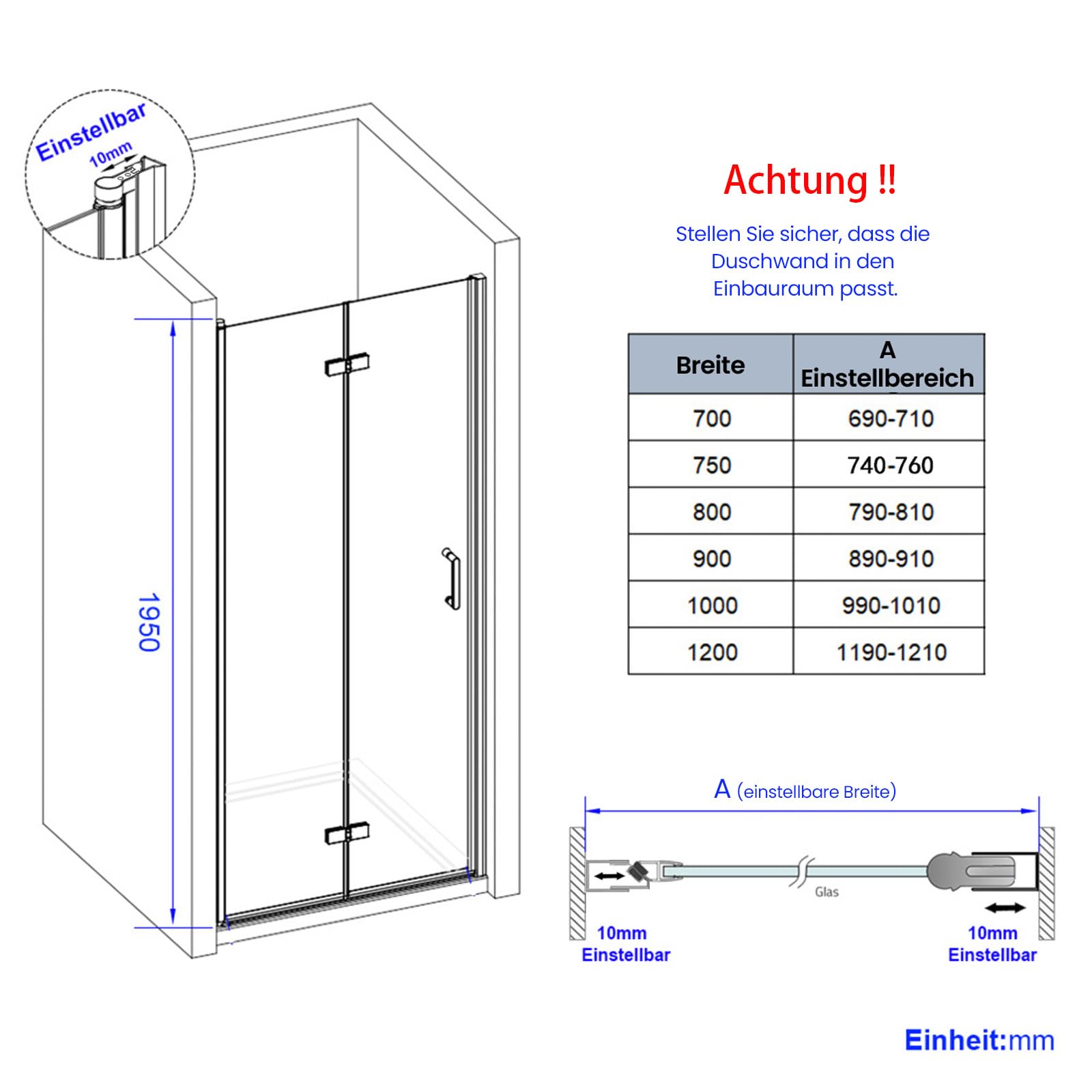 EMKE Duschtür Falttür 80x195 cm Duschabtrennung zum Falten 6 mm ESG-Sicherheitsglas Faltbare Duschwand für Nische Bad
