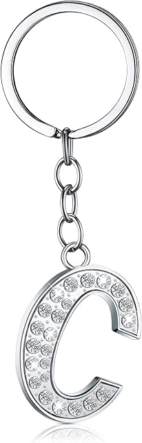 Yaomiao Initial Alphabet Keyring A-Z Letter Rhinestone Key Chain Silver Shiny Alloy Letter Key Ring for Women Men Birthday