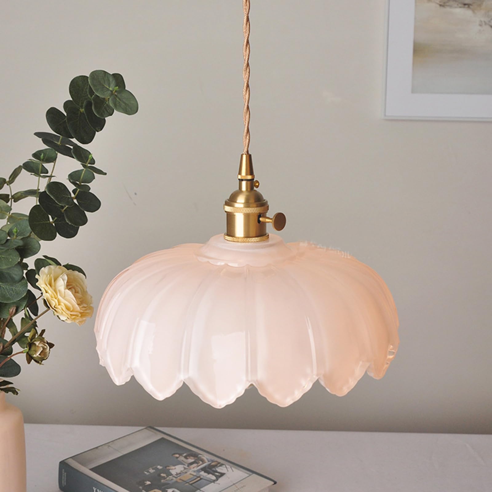 NICRX 25 cm industriële vintage hanger verlichting Lotus glas hanglamp kroonluchter E27 messing afwerking plafond hanglamp (groen