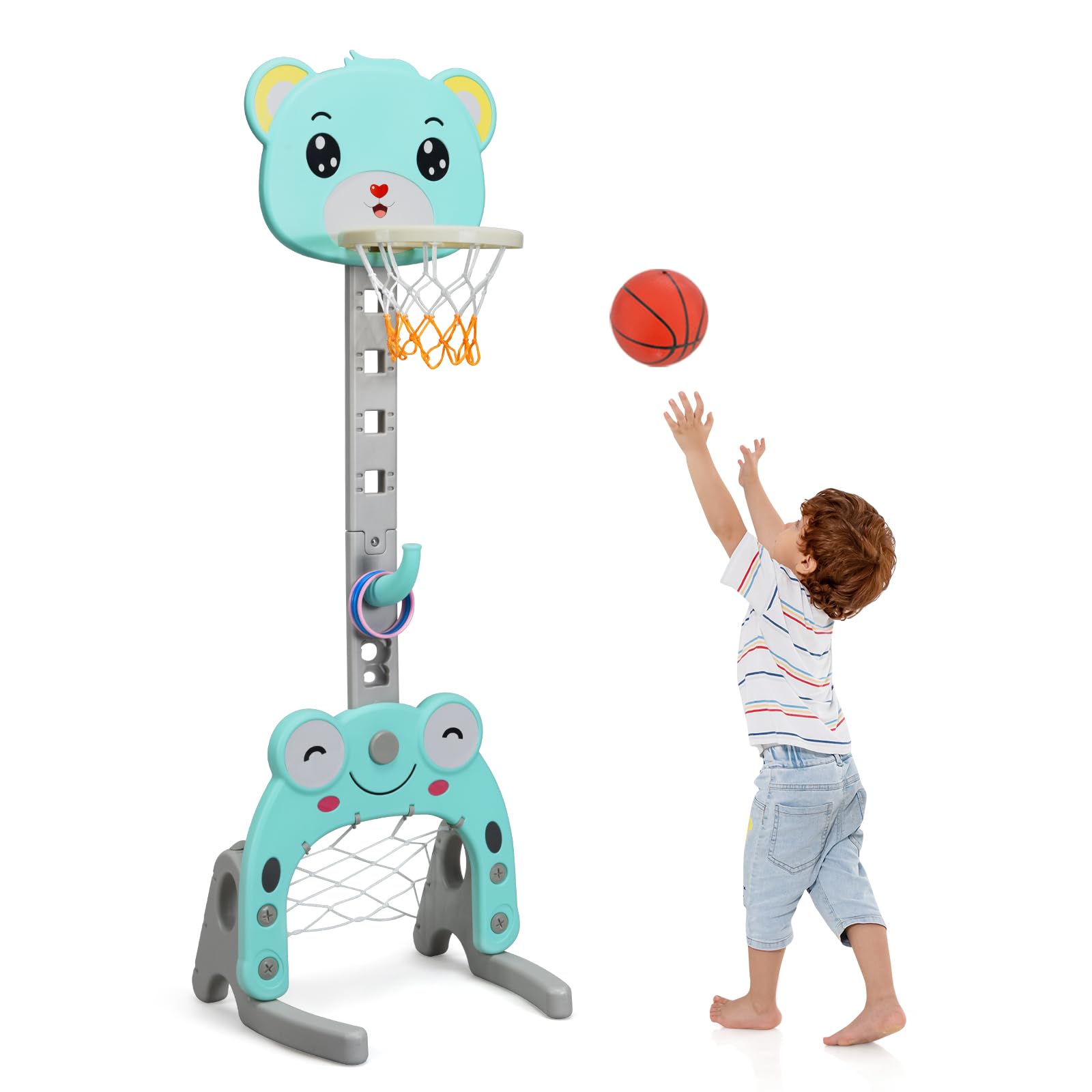 HOMASIS 3 in 1 Kinder Basketballkorb Set, multifunktional Basketballständer mit Fußballtor & Ringwurf im Tierform, höhenverstellbar Basketballkorb mit Ständer inkl. Bälle & Ringe (Blau)