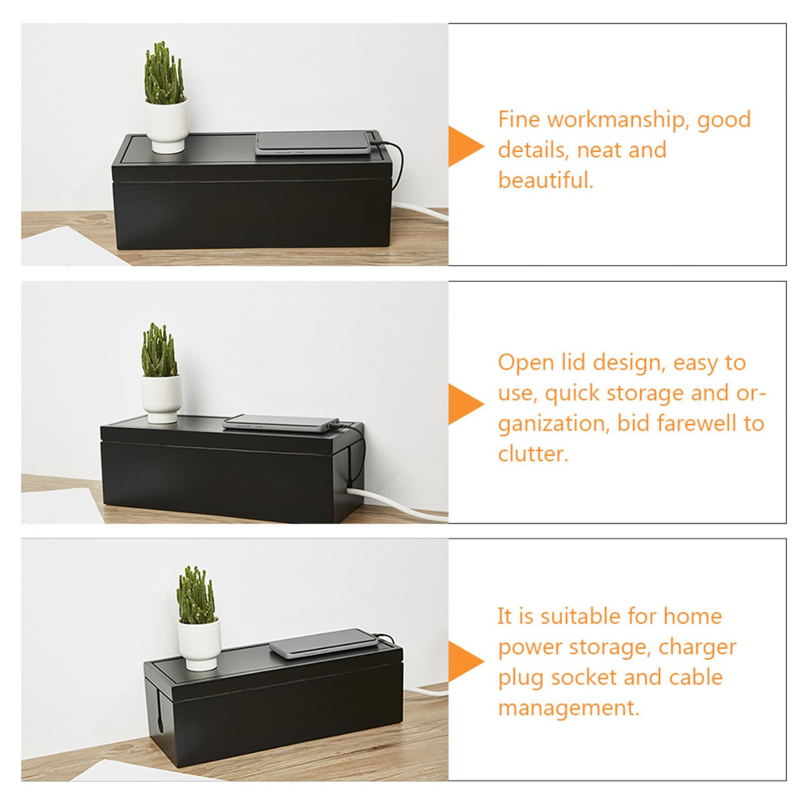 Artibetter Caja de Almacenamiento para Cables Eléctricos y Móviles Diseño Ranurado y Plástico Negro para Gestión de Energía Hogar