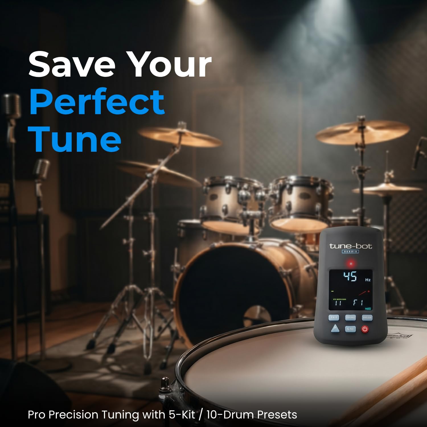 Tune-Bot Studio TBS-001 - Paquete de afinador de batería con funda de transporte rígida, dispositivo de afinación digital de batería, kit de afinación de tono para batería acústica, accesorios