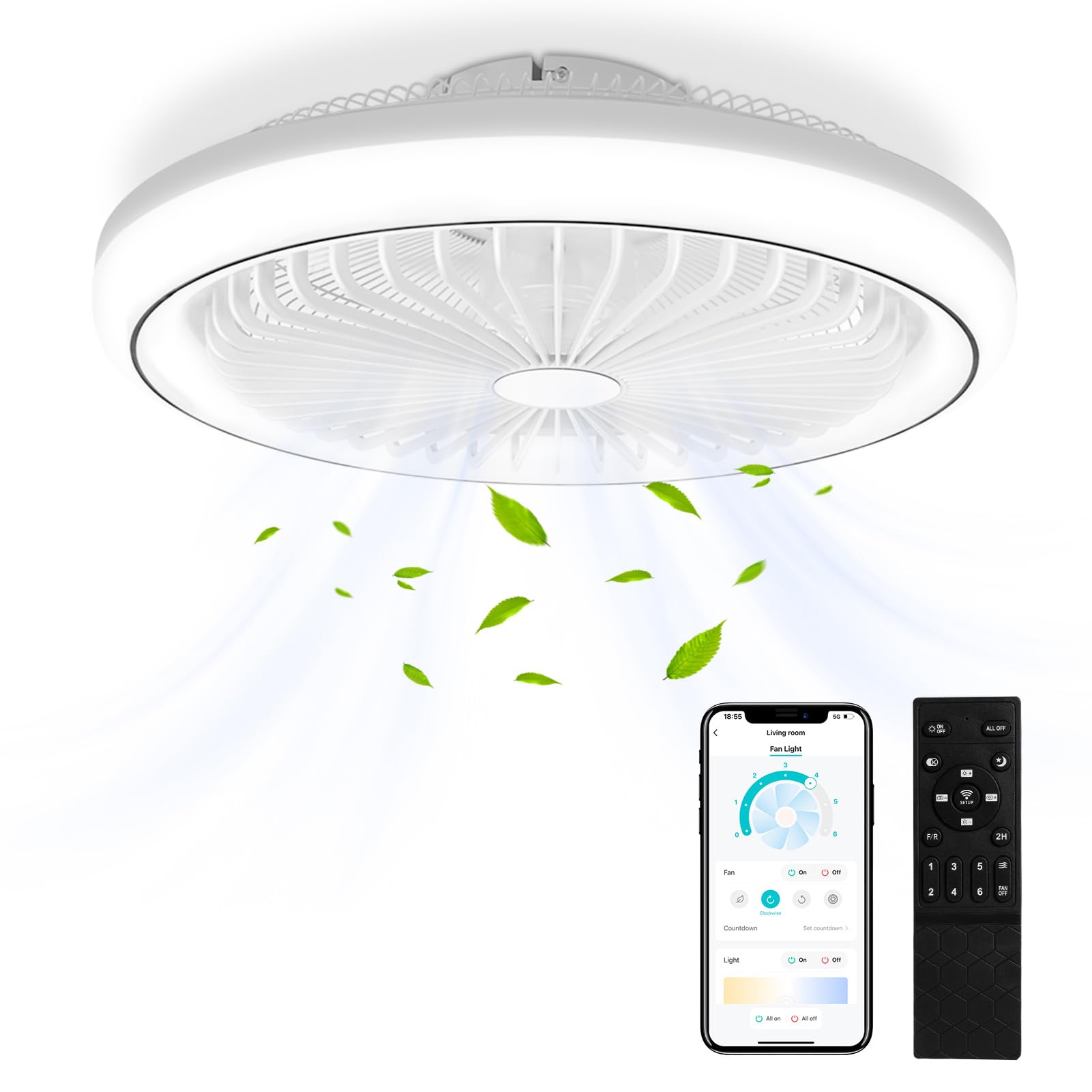 Deckenventilator mit RGB-Licht (3000K-6500K) & Fernbedienung – 6 Geschwindigkeiten, Timer, Lichtspeicher, 7 reversible Flügel – lampe mit ventilator Ideal für Wohnzimmer & Schlafzimmer