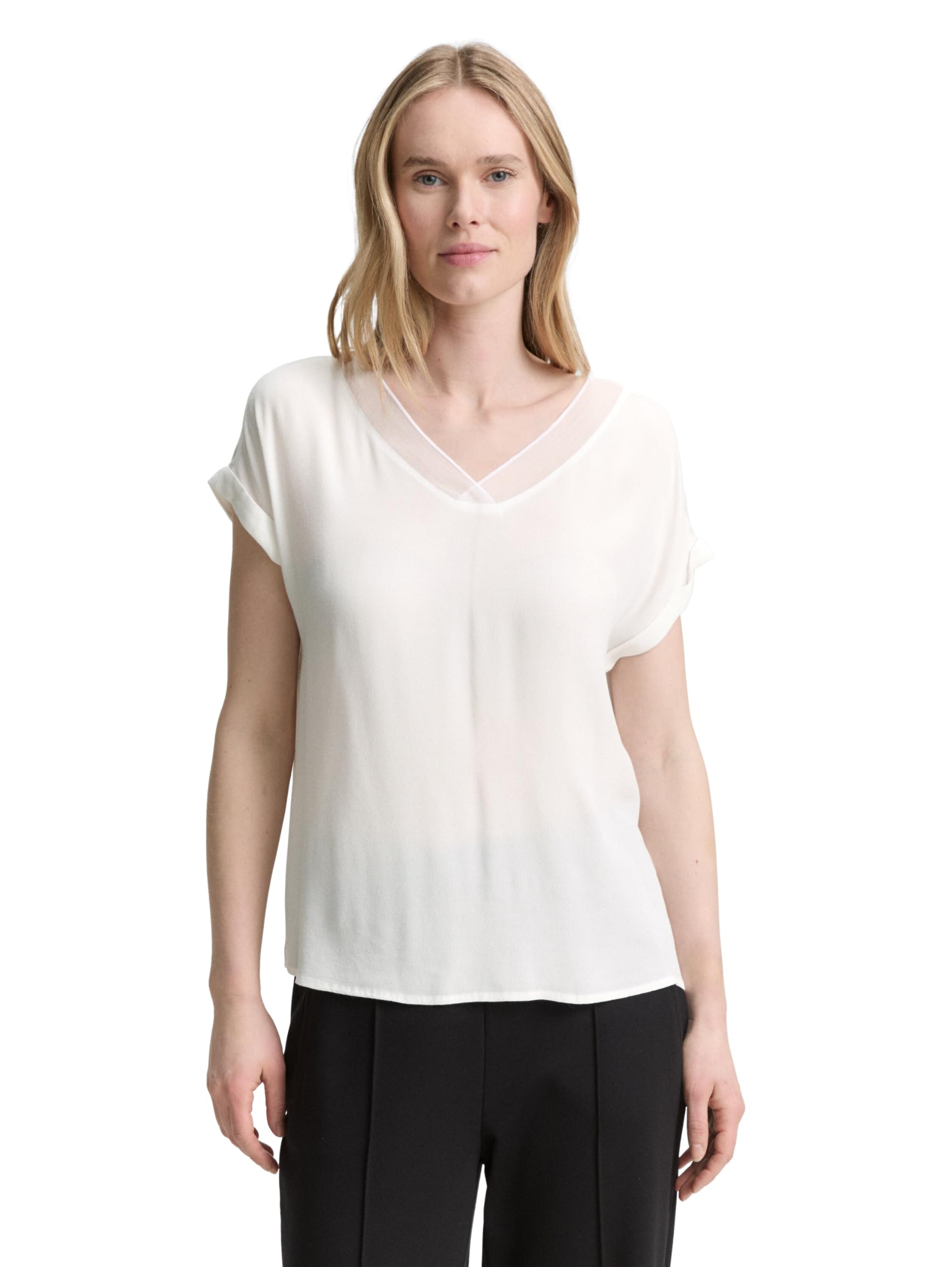 TOM TAILOR Women's Loose Fit Blouse with V-Neck, 10315 Whisper White, 8