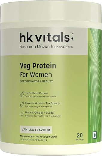 hk vitals Veg Protein For Women (Vanilla, 500g) | Vegetarian Protein with Soy, Whey, Collagen Builder Blend, Biotin, Garci...