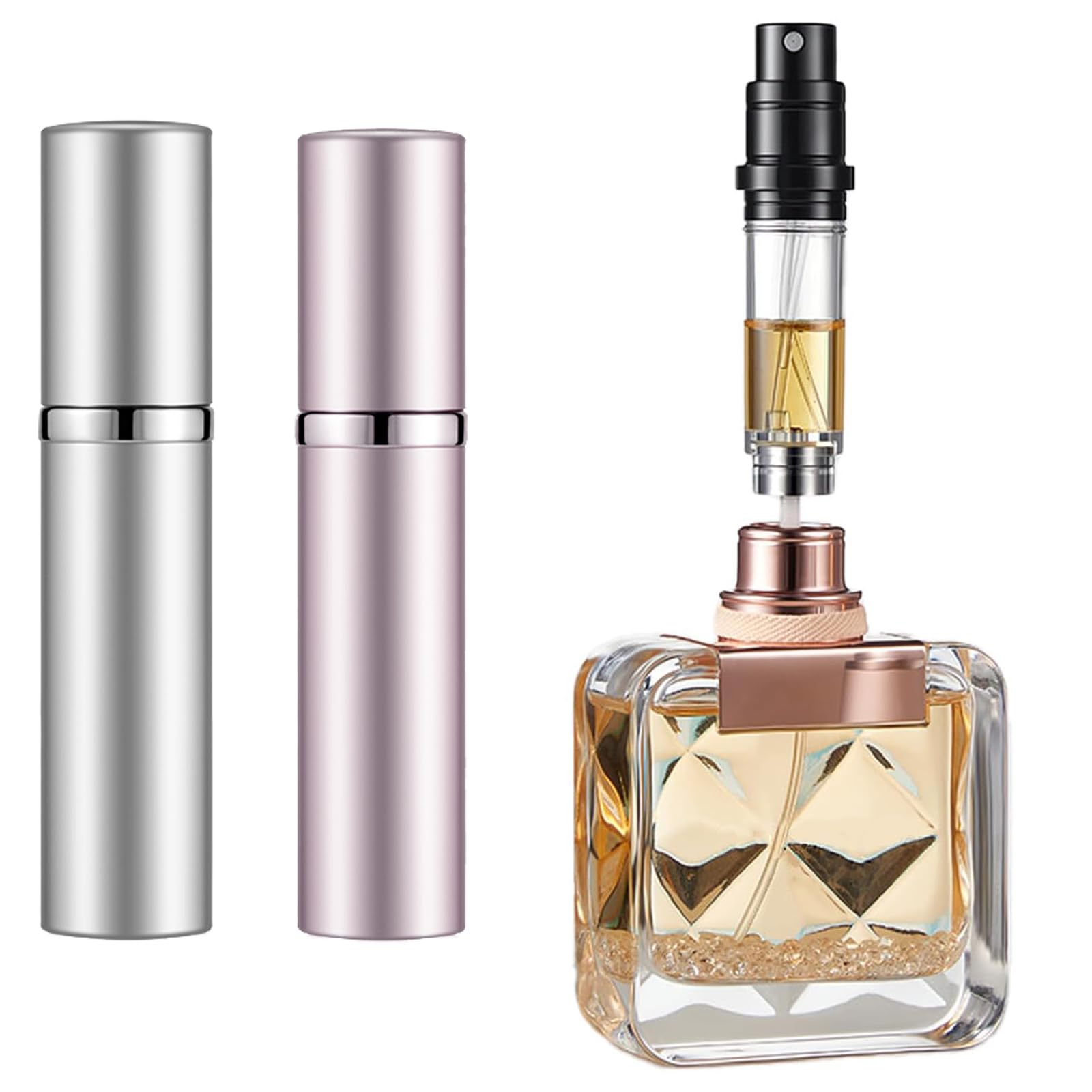 Vinuwu Nachfüllbarer Parfümzerstäuber, 5 ml, Mini-Reise-Aftershave-Spender, kleine Parfüm-Sprühflasche, Taschengröße, Bodenfüllung, Parfümspender für Damen und Herren (Silber + Rosa, 2 Stück)