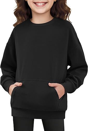 Girls Crewneck Hoodless Sweatshirts Kids Cute Oversized Fleece Pullover Long Sleeve Drop Shoulder Tops Years Black L