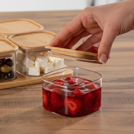 Porsima HF009009 Kare 4lü Hava Geçirmez Bambu Standlı Cam Kahvaltılık Seti Bambu Kapaklı Saklama Kabı 250ml