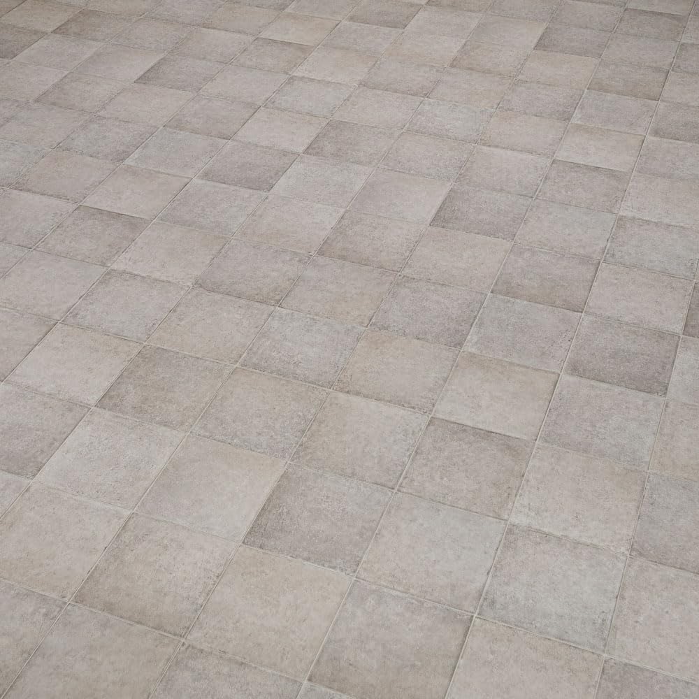 Pale Square Rustic Tile Effect Callisto Vinyl Flooring 2mm Thick Lino Roll Bathroom Kitchen (2m Wide x 2m Long)