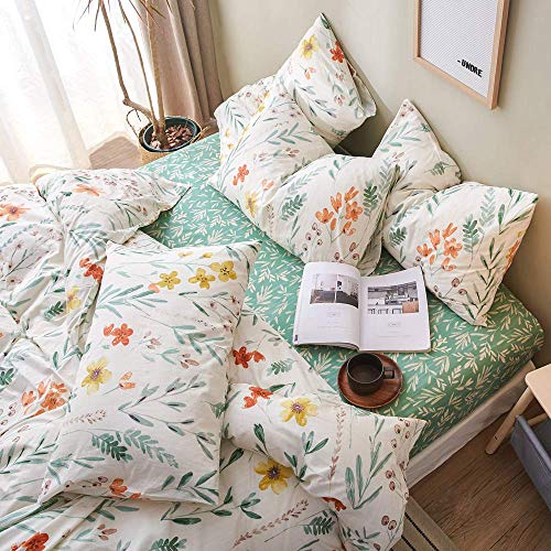 Vm Vougemarket Garden Flower Duvet Cover Queen With Red Yellow Flower Printed,100% Cotton Green Branch Leaves Girls Bedding Set,Bright Elegant Colorful Comforter Quilt Cover With Zipper Closure #TOP1