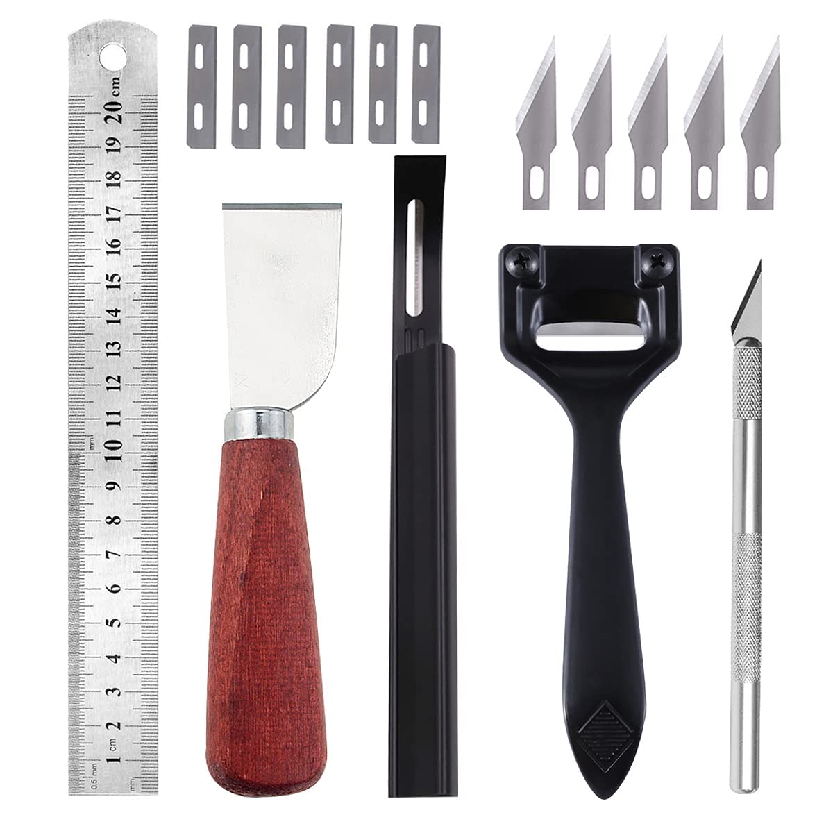 Excefore Metal Leather Skiver Set, 5 Kinds of Leather Working Tool with 6 Pieces Sharp Skiver, 16 Pcs Safety Beveler DIY Cutting Tool Kits for DIY Leather Craft, Making Leather