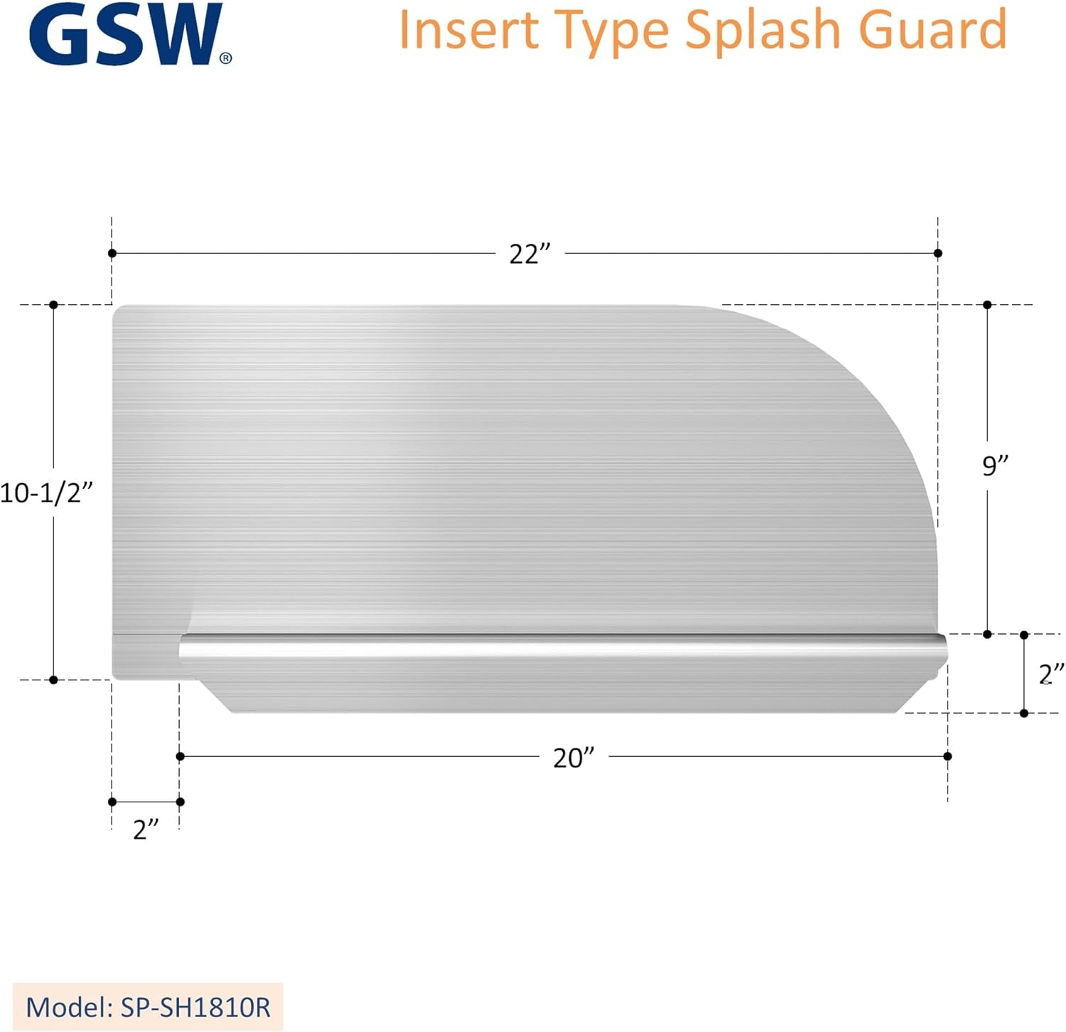 GSW SP-SH1810R Stainless Steel Insert Type Splash Guard for Commercial Restaurant Hand Sink and Compartment Prep Sink, ETL Certified (22"L x 11"H Right)